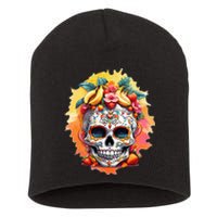 Day of the Dead Colorful Sugar Skull with Fruit Short Acrylic Beanie