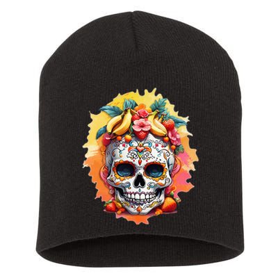 Day of the Dead Colorful Sugar Skull with Fruit Short Acrylic Beanie