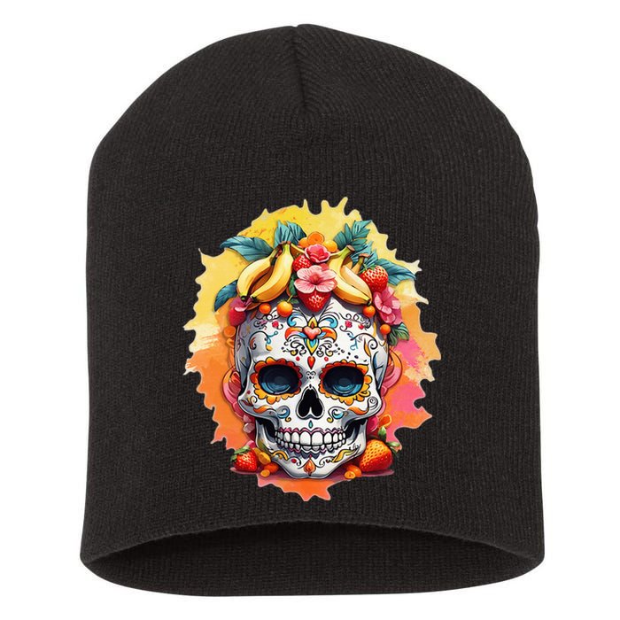 Day of the Dead Colorful Sugar Skull with Fruit Short Acrylic Beanie