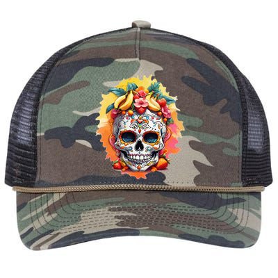 Day of the Dead Colorful Sugar Skull with Fruit Retro Rope Trucker Hat Cap