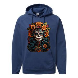 Day Of The Dead De Los Muertos La Catrina Sugar Skull Women Performance Fleece Hoodie