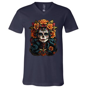 Day Of The Dead De Los Muertos La Catrina Sugar Skull Women V-Neck T-Shirt