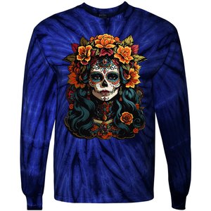 Day Of The Dead De Los Muertos La Catrina Sugar Skull Women Tie-Dye Long Sleeve Shirt