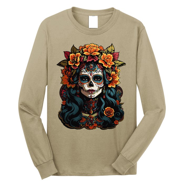 Day Of The Dead De Los Muertos La Catrina Sugar Skull Women Long Sleeve Shirt