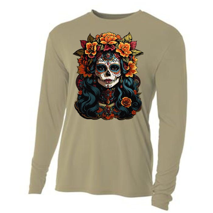 Day Of The Dead De Los Muertos La Catrina Sugar Skull Women Cooling Performance Long Sleeve Crew