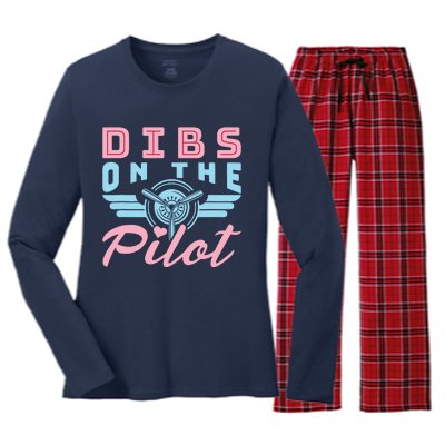 Dibs On The Pilot Airman Wife Airplane Pilot Wife Women's Long Sleeve Flannel Pajama Set 