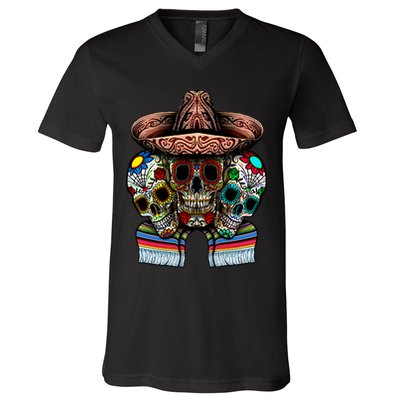 Day Of The Dead Tri Sugar Skulls V-Neck T-Shirt