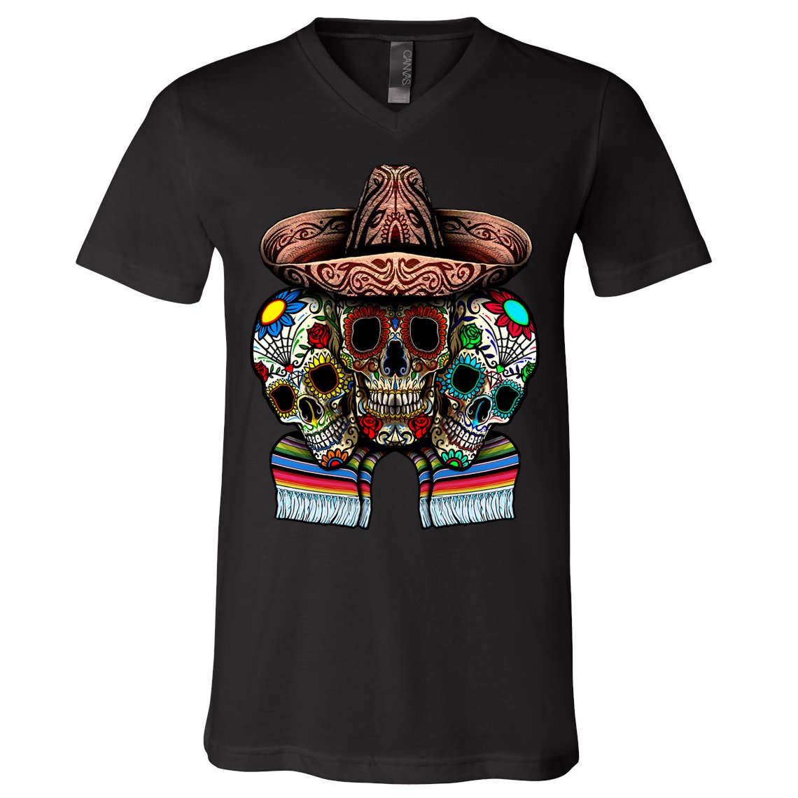 Day Of The Dead Tri Sugar Skulls V-Neck T-Shirt