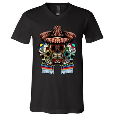 Day Of The Dead Tri Sugar Skulls V-Neck T-Shirt