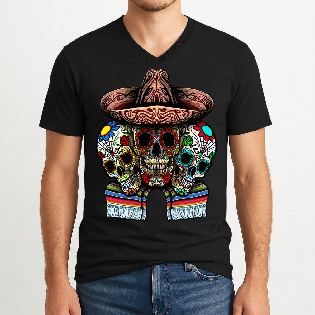Day Of The Dead Tri Sugar Skulls V-Neck T-Shirt
