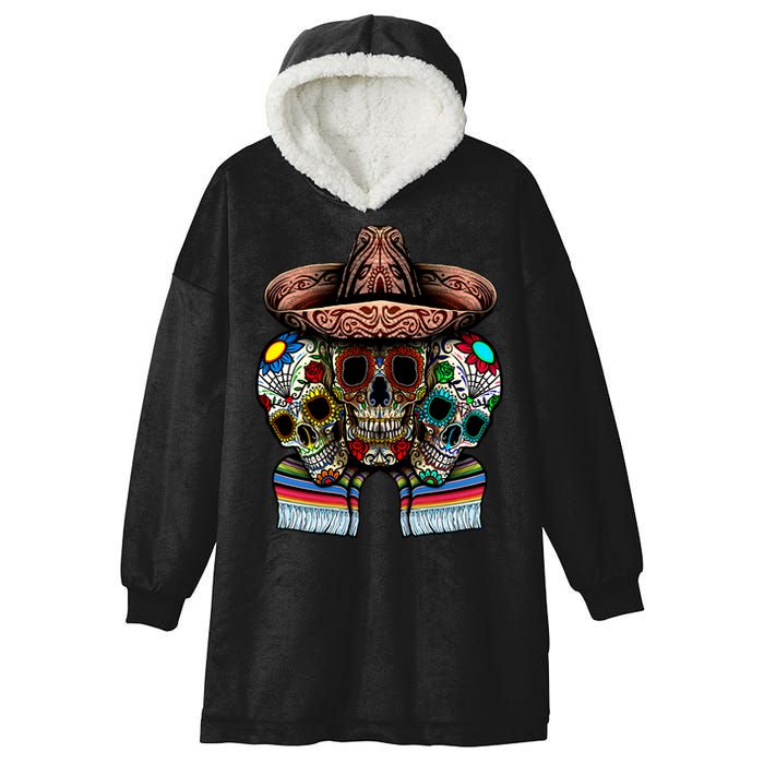Day Of The Dead Tri Sugar Skulls Hooded Wearable Blanket