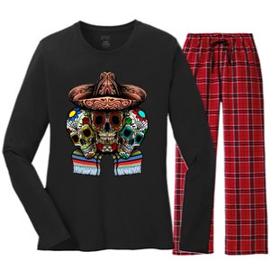 Day Of The Dead Tri Sugar Skulls Women's Long Sleeve Flannel Pajama Set 