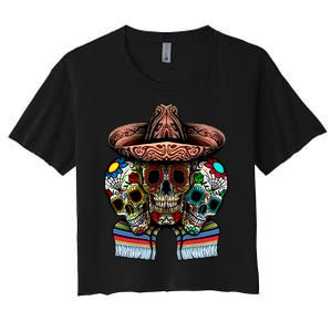 Day Of The Dead Tri Sugar Skulls Women's Crop Top Tee