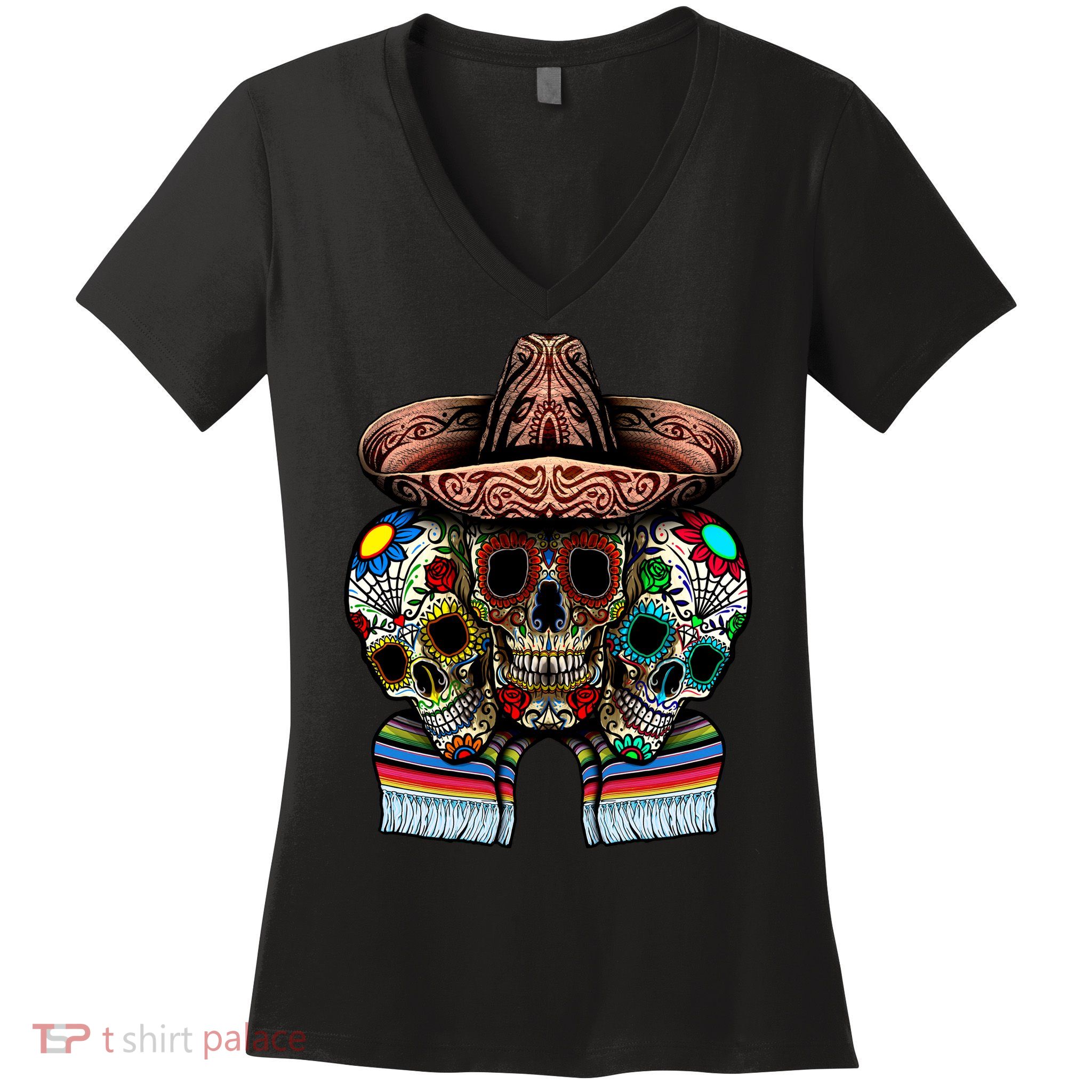 Day Of The Dead Tri Sugar Skulls Women's V-Neck T-Shirt