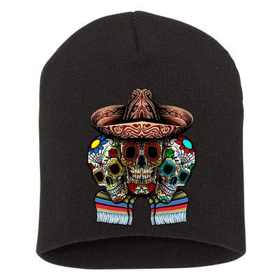 Day Of The Dead Tri Sugar Skulls Short Acrylic Beanie