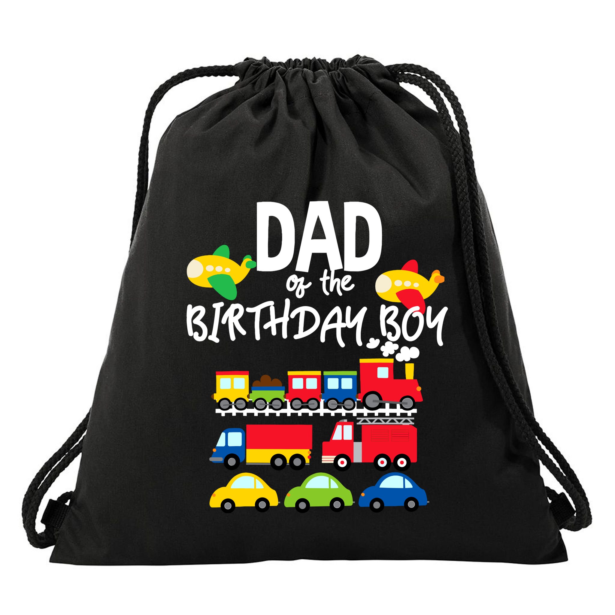 Dad Of The Birthday Boy Cars Trucks Trains Birthday Party Drawstring Bag
