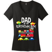 Dad Of The Birthday Boy Cars Trucks Trains Birthday Party Women's V-Neck T-Shirt