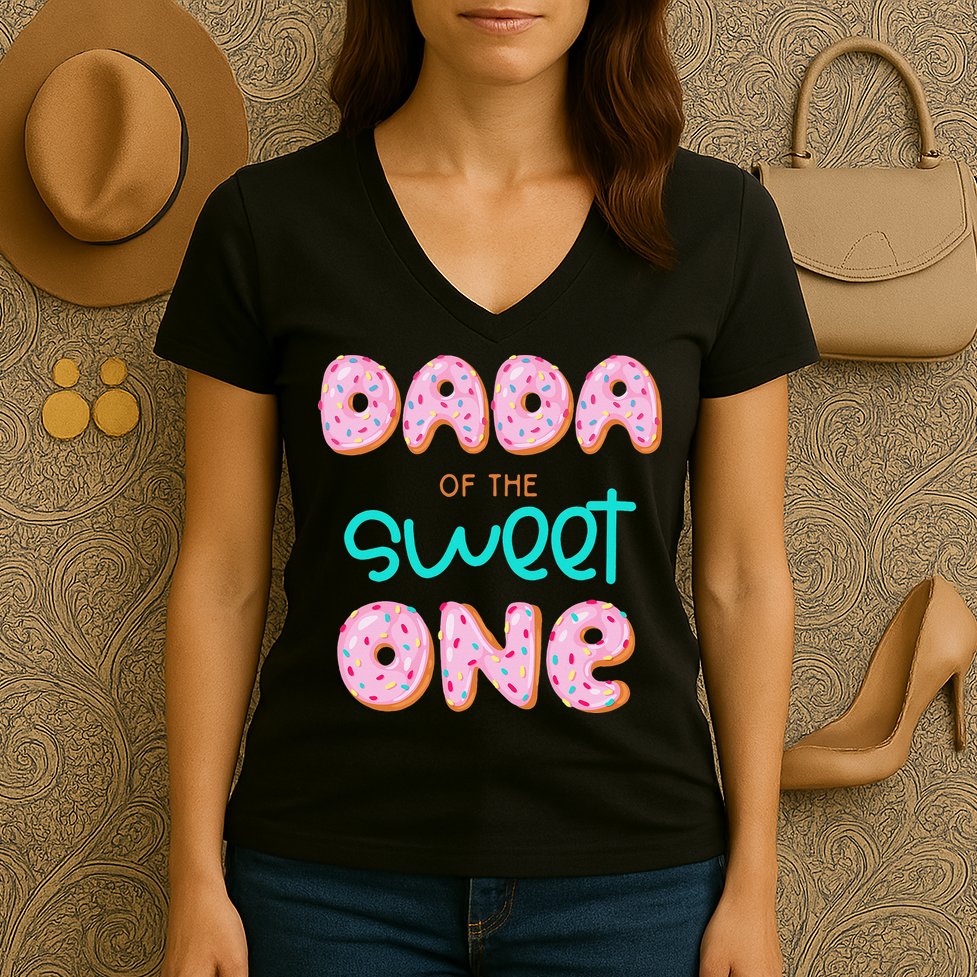 Dada of The Sweet One First Birthday Matching Family Donut Women's V-Neck T-Shirt