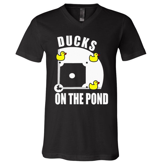 Ducks on the Pond Baseball funny sports Player V-Neck T-Shirt