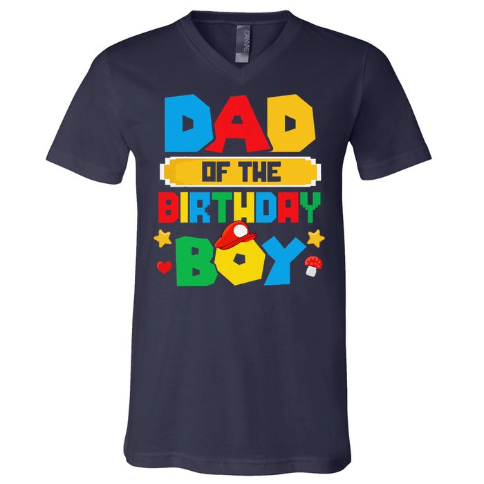 Dad Of The Birthday Boy Game Gaming Dad And Mom Family V-Neck T-Shirt