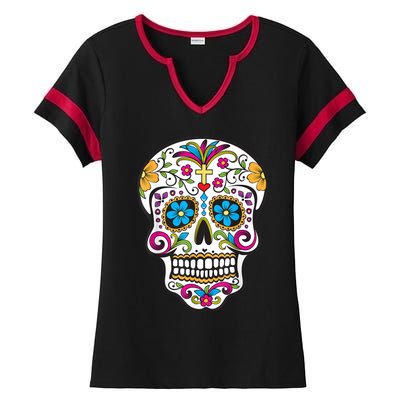 Day Of The Dead Sugar Skull Ladies Halftime Notch Neck Tee