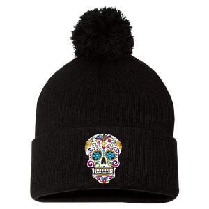 Day Of The Dead Sugar Skull Pom Pom 12in Knit Beanie