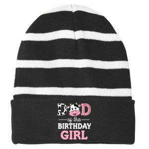 Dad of The Birthday Girl Farm Cow Daddy Papa 1st Striped Beanie with Solid Band