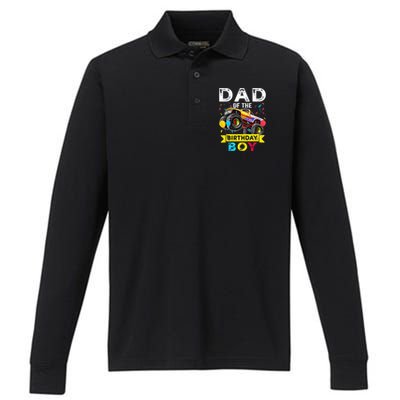 Dad Of The Birthday Boy Monster Truck Birthday Performance Long Sleeve Polo