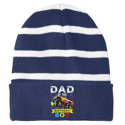 Dad Of The Birthday Boy Monster Truck Birthday Striped Beanie with Solid Band