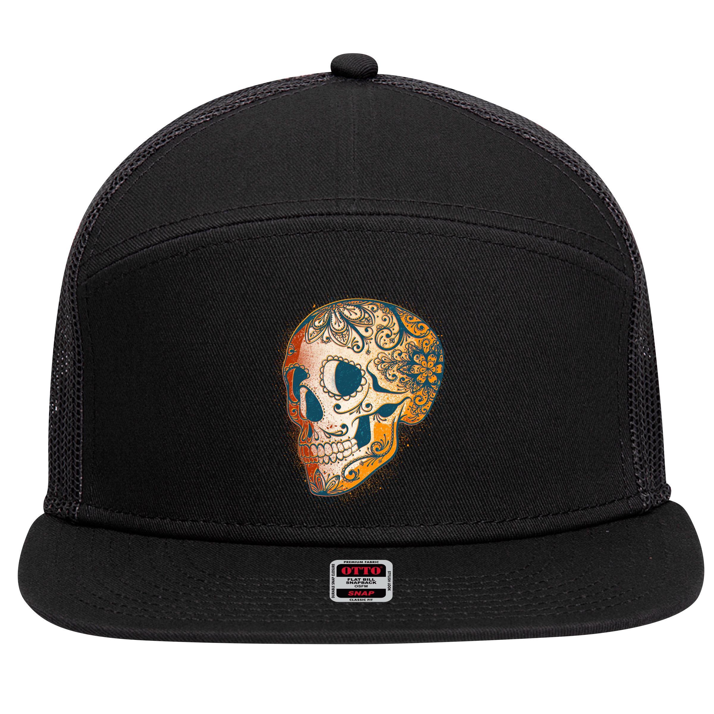 Day Of The Dead Grunge Sugar Skull 7 Panel Mesh Trucker Snapback Hat