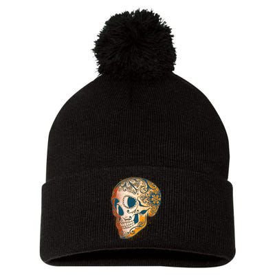 Day Of The Dead Grunge Sugar Skull Pom Pom 12in Knit Beanie