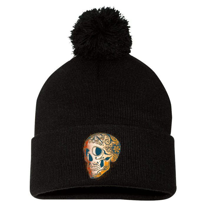 Day Of The Dead Grunge Sugar Skull Pom Pom 12in Knit Beanie