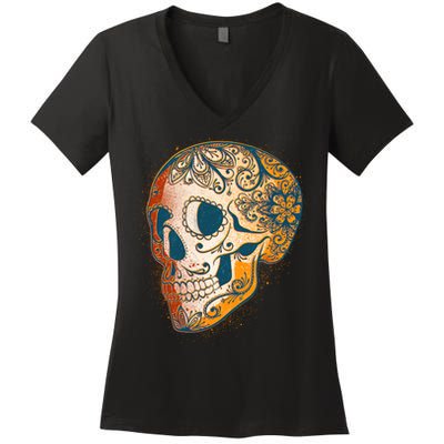 Day Of The Dead Grunge Sugar Skull Women's V-Neck T-Shirt