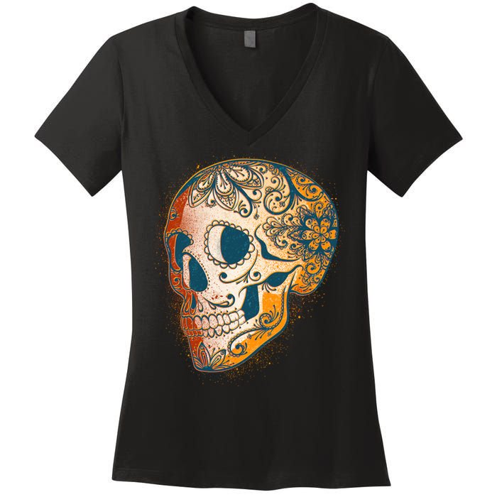 Day Of The Dead Grunge Sugar Skull Women's V-Neck T-Shirt