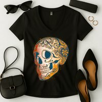 Day Of The Dead Grunge Sugar Skull Women's V-Neck T-Shirt