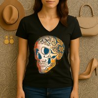 Day Of The Dead Grunge Sugar Skull Women's V-Neck T-Shirt