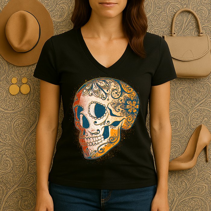 Day Of The Dead Grunge Sugar Skull Women's V-Neck T-Shirt