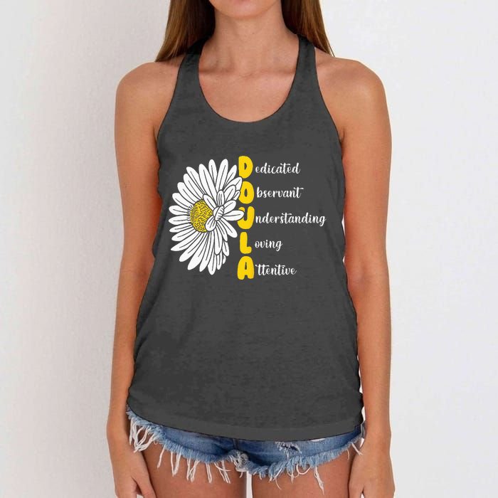 Dedicated Observant Understanding Loving Attentive Doula Women's Knotted Racerback Tank