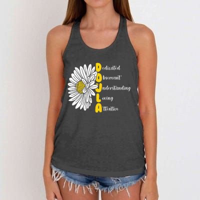 Dedicated Observant Understanding Loving Attentive Doula Women's Knotted Racerback Tank