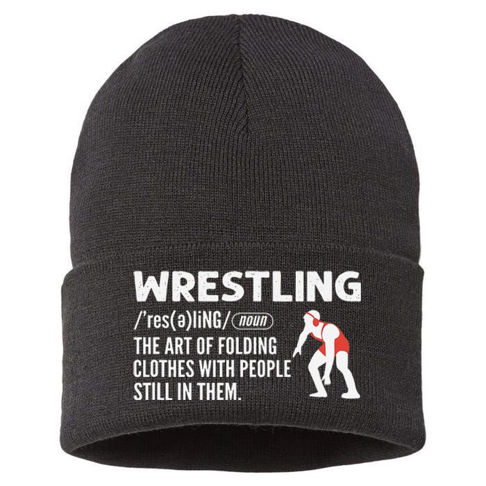 Definition Of Wrestling Funny Wrestler Coach Sustainable Knit Beanie