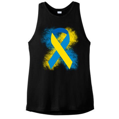 Down Syndrome Awareness Blue & Yellow Ribbon Ladies PosiCharge Tri-Blend Wicking Tank