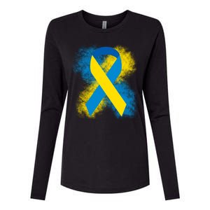 Down Syndrome Awareness Blue & Yellow Ribbon Womens Cotton Relaxed Long Sleeve T-Shirt