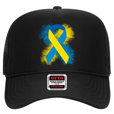 Down Syndrome Awareness Blue & Yellow Ribbon High Crown Mesh Back Trucker Hat