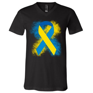 Down Syndrome Awareness Blue & Yellow Ribbon V-Neck T-Shirt