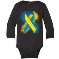 Down Syndrome Awareness Blue & Yellow Ribbon Baby Long Sleeve Bodysuit