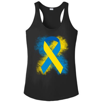 Down Syndrome Awareness Blue & Yellow Ribbon Ladies PosiCharge Competitor Racerback Tank