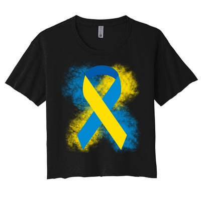 Down Syndrome Awareness Blue & Yellow Ribbon Women's Crop Top Tee