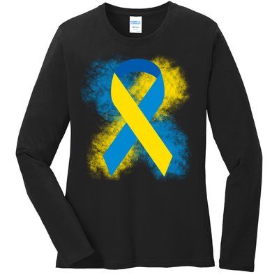 Down Syndrome Awareness Blue & Yellow Ribbon Ladies Long Sleeve Shirt