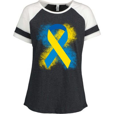 Down Syndrome Awareness Blue & Yellow Ribbon Enza Ladies Jersey Colorblock Tee