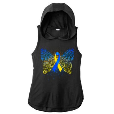 Down Syndrome Awareness Butterfly Ribbon Ladies PosiCharge Tri-Blend Wicking Draft Hoodie Tank